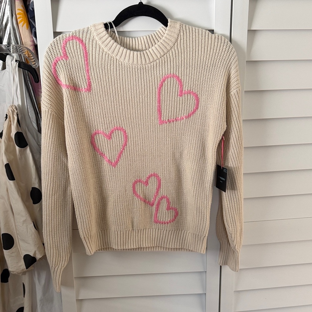Cynthia Rowley Cream Sweater with Pink Heart Design